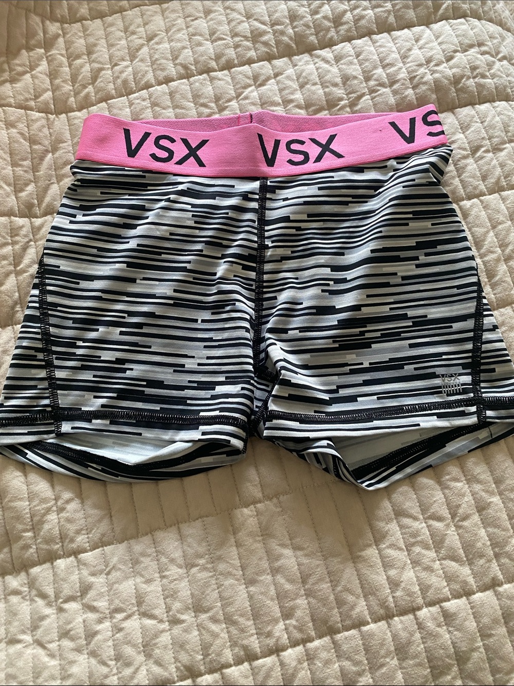 VSX Black & White Striped Athletic Shorts with Pink Waistband